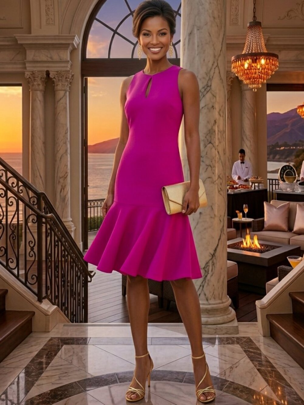 Trina Turk Brilliant Fuchsia (Pink) Keyhole Drop-Waist Flounce Dress - Size 12
